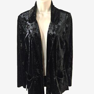 Tribal Black Crushed Velvet Jacket Size S Open Front Thigh Length Relaxed Fit